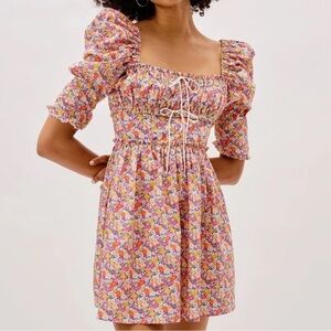 {NWT} For Love & Lemons | Libby Floral Babydoll Puff Sleeve Mini Dress (XXS/0)